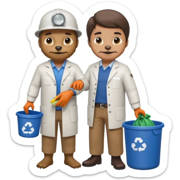 an otter disguised as a man picking up trash bins, next to a mad scientist sticker