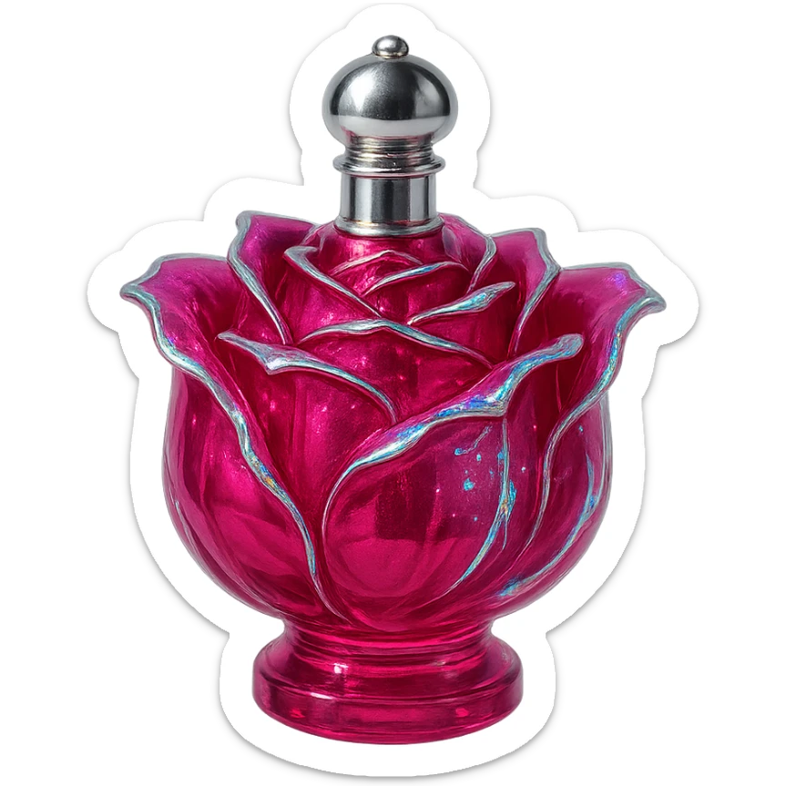 prabangus eliksyro buteliukas, rožės žiedo forma, sodri rožinė spalva, sidabrinės ir holografinės detalės, labai mažas kaklelis, vientisas dugnas, skaidrus fonas, buteliukas plūduriuoja ore, be pagrindo ar šešėlio, modernus, kolekcijai tinkamas, magiški efektai sticker