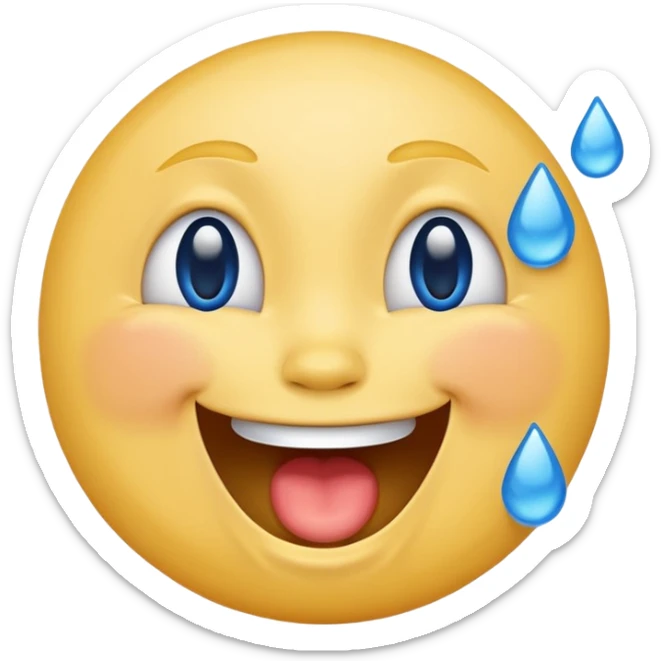 Emoji, yellow round laughing face, blue tears of joy on it. 2 big blue tears on each of the 2 cheeks sticker