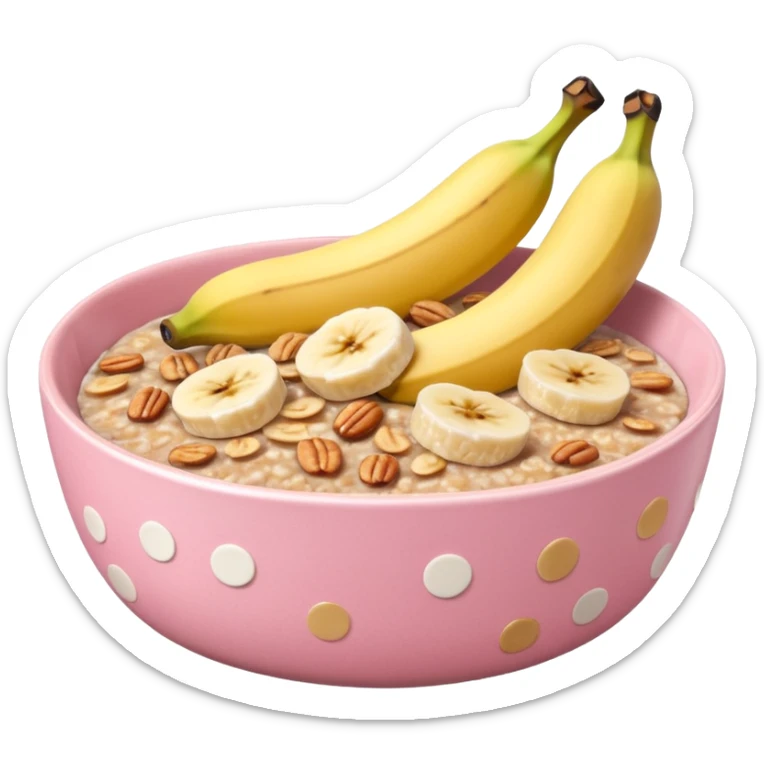 banana baked oats in a bowl like oat meal with a couple banana slices on top that look a little bit caramelised and a light pink bowl with white polka dots sticker