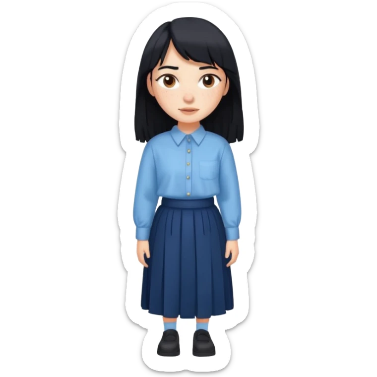 hair : black long hair with fringe 
skin : light with freckelt
cloth : oversize light blue shirt + navy long long skirt 
 sticker