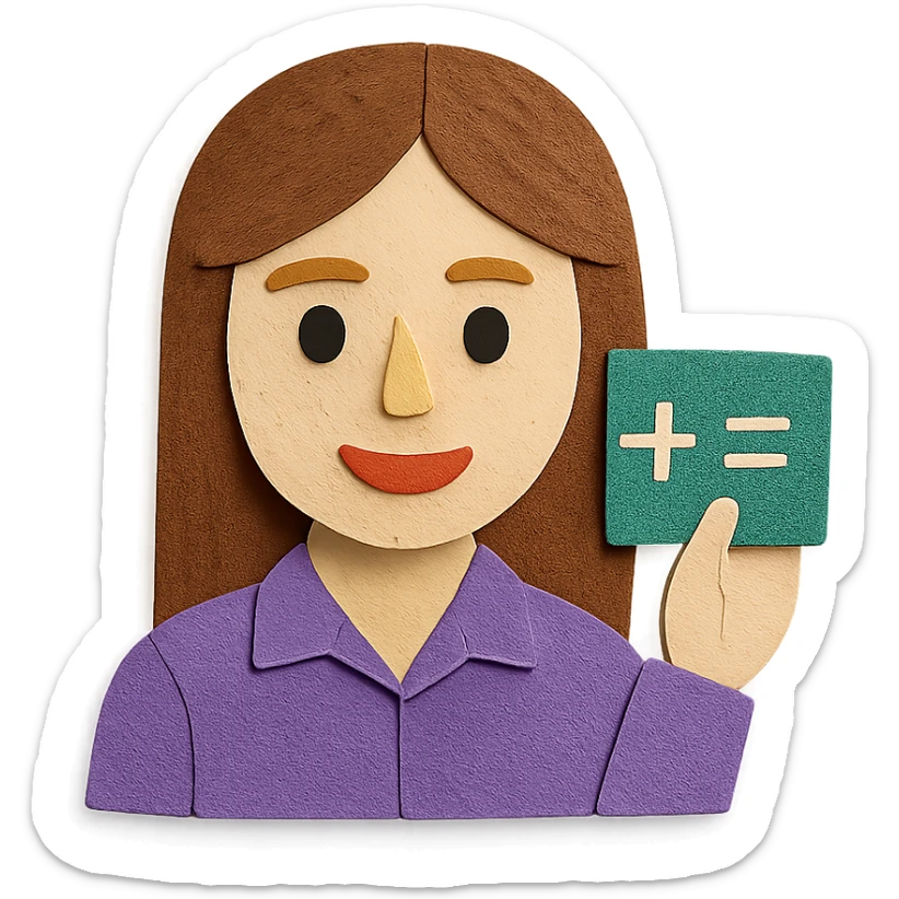 female math teacher, brown straight hair, Caucasian, paper craft style sticker