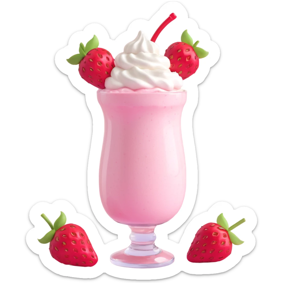 3D style strawberry milkshake with pink hue and cherry on top, whipped cream, sparkles sticker