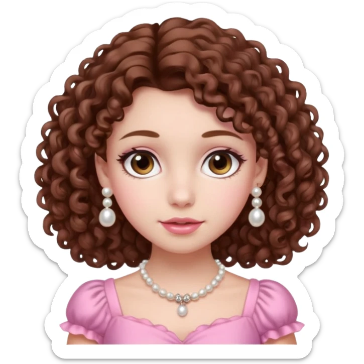 A girl with a brown curly hair and beautiful brown eyes and white skin and pink dress with pearl jewelry sticker