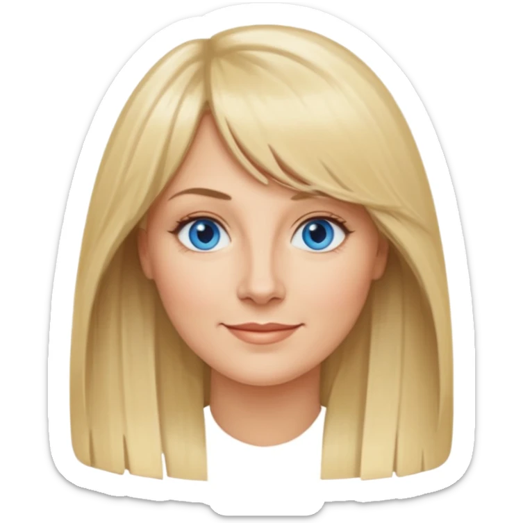 40 yr old white woman, curtain bangs, long straight blond hair, oval face, small smile, blue eyes sticker