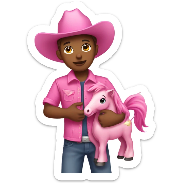 boy wearing a pink cowboy hat with pink dress holding a pink pony toy sticker