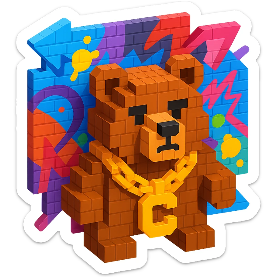 Russian grizzly bear with a chunky rapper chain, graffiti background sticker