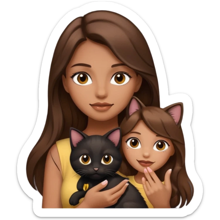 pretty girl with brown long hair and makeup, holding a black kitten, emoji style sticker