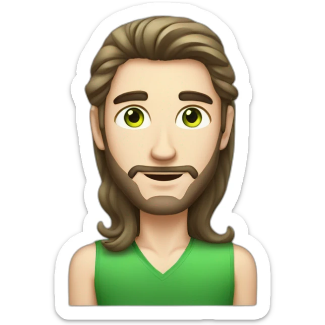 white skin men with long brunette hair and green eyes with a perfum bottle sticker