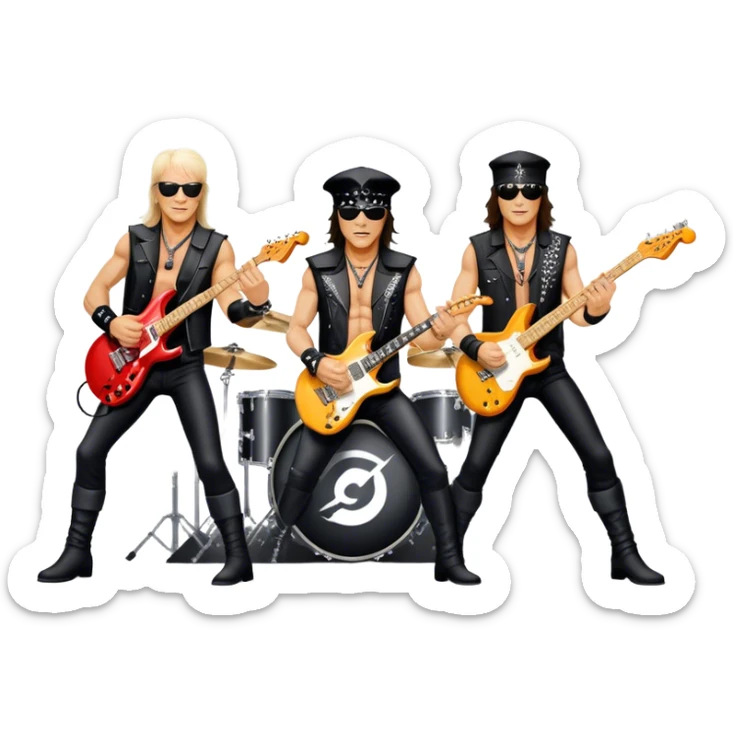 Icon for Rock Music: Scorpions live concert on stage with electric guitars, drums, and a powerful spotlight. Klaus Meine at the microphone, Rudolf Schenker and Matthias Jabs playing guitars, dynamic stage presence, and electric energy. Transparent background. sticker