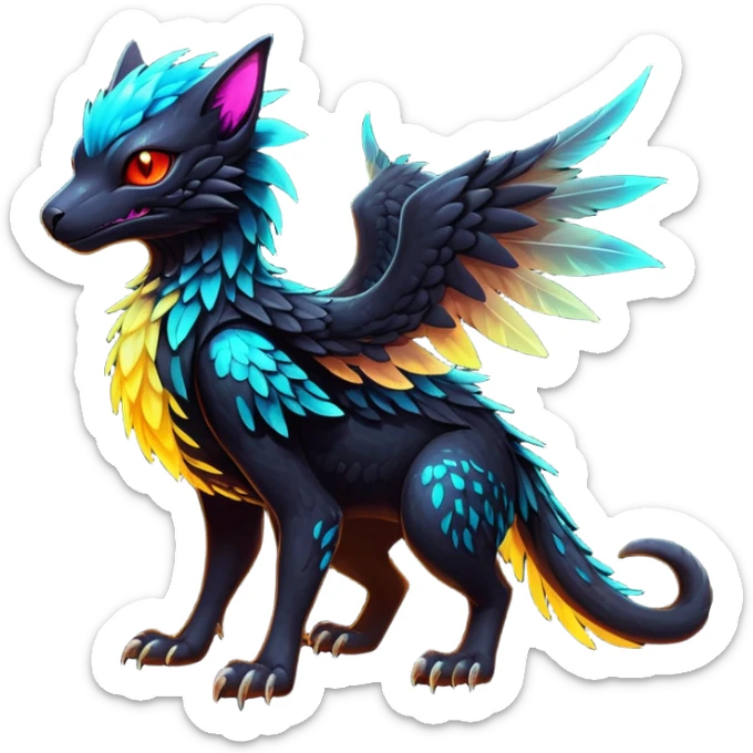 Black Dark Exotic Tropical Beaked Feathery Nocturnal Neon-glowing Abyssal Nightly Abyss-Cat-Gryphon-Salandit-Silvally-akémon Creature (full body) sticker