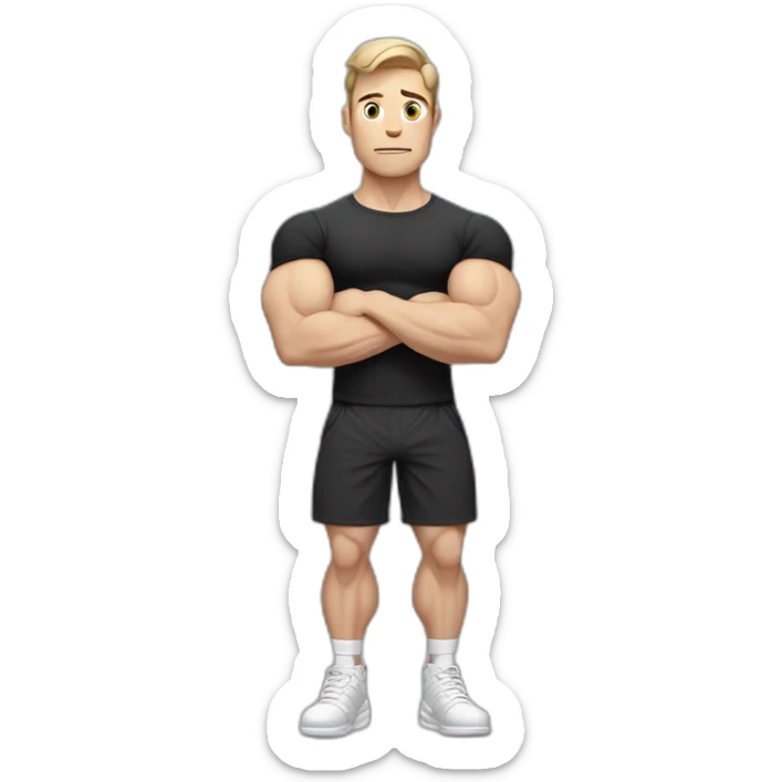 Confused Pale skinned Fit Man With the biceps and dark brown hair in black shirt, gray sports shorts and white Sneakers sticker