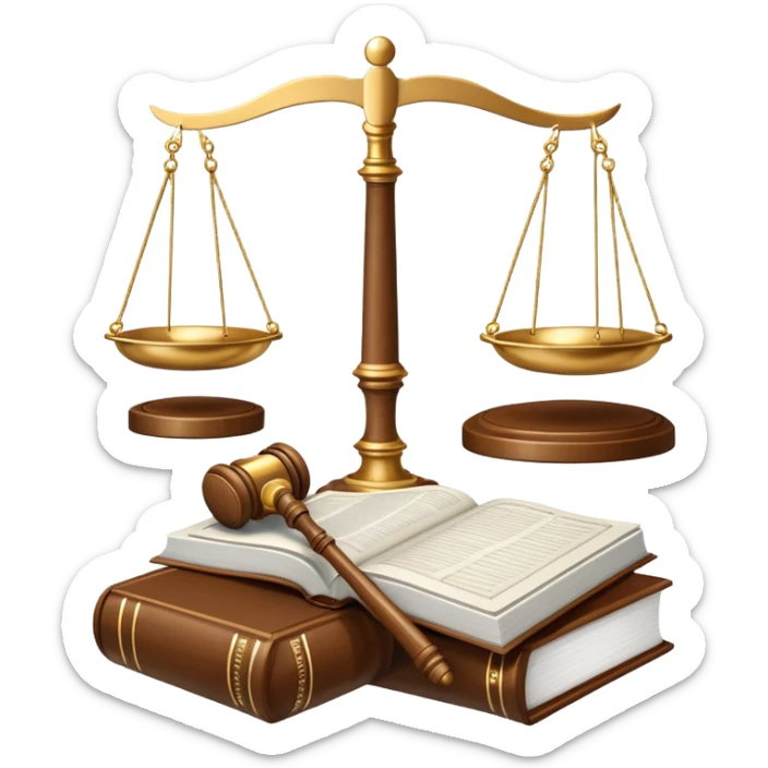 An icon featuring scales of justice, a gavel, and a legal book, symbolizing the study of law. The design includes courthouse pillars in the background, representing authority and legal systems. Transparent background highlights the principles of justice, order, and legal education. sticker