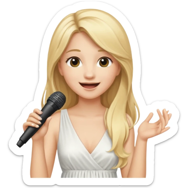 Singer Young woman – long blonde hair, around 20s, white dress, singing into mic sticker