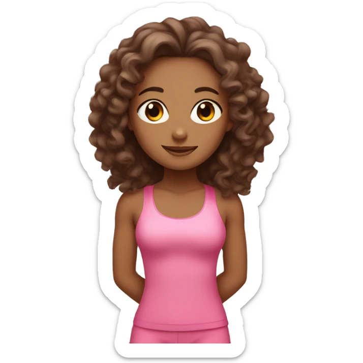 yoga girl in pink suit with curly long hair and brown eyes  sticker