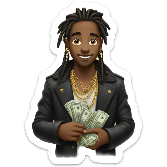 young hustler with dread lock hair with lots of money in both hands wearing jewelry  sticker