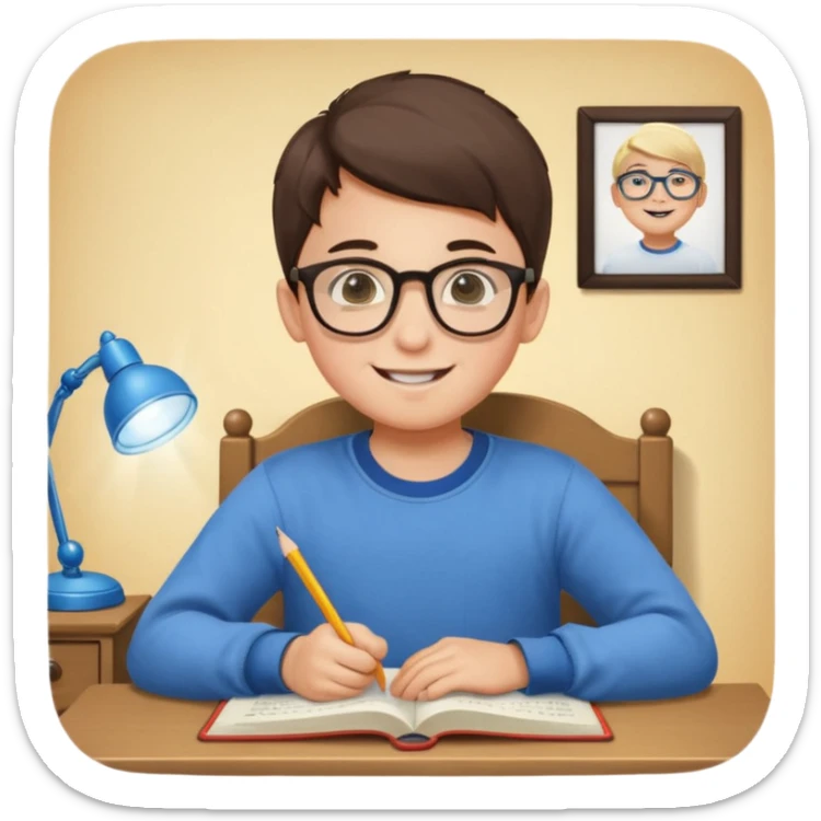 un niño de entre 3 - 10 años estudiando ingles, un destello de luz o colores más vivos para el niño que estudia en su habitacion feliz  sticker