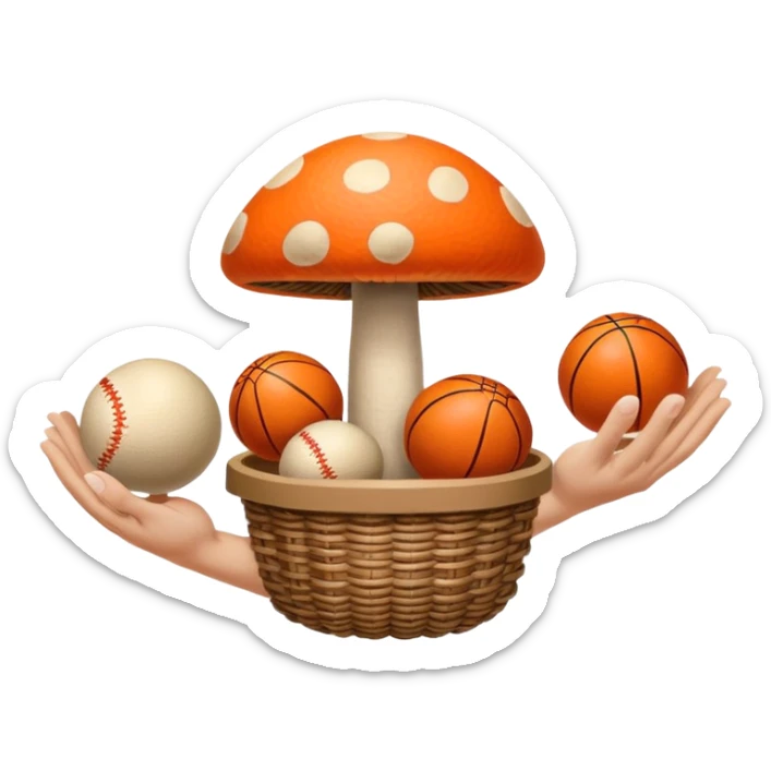 Arm with mushroom cap in place of wrist and hand with two basket balls at the base of the arm right next to eachother  sticker