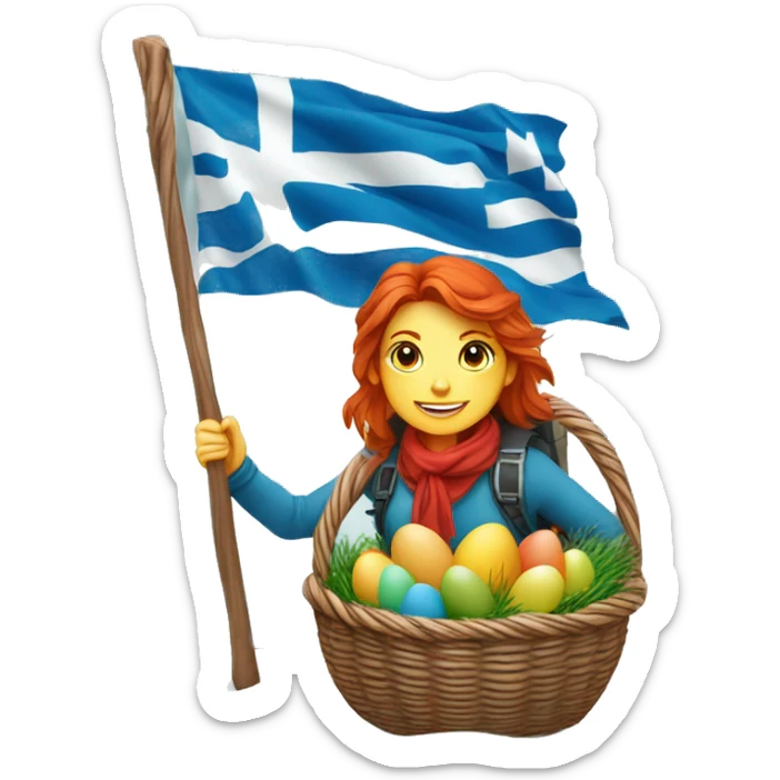 red hair female winter mountaineer climbing with Easter eggsbasket and Greek flag sticker