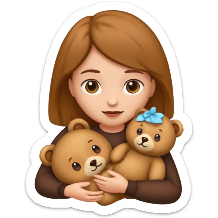 Crea un emoji de una muchacha pelo castaño oscuro abrazando un osito de peluche  sticker