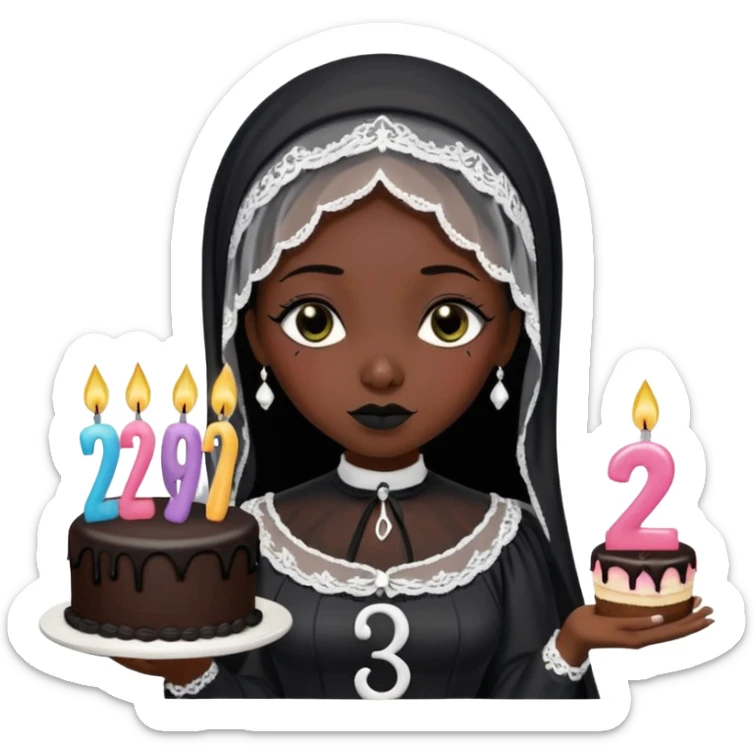 Emoji-style illustration of a cute sarcastic woman, black mourning dress and veil, holding a birthday cake with number 29 candles, ironic expression, RIP 20s theme, flat design, bold outlines, pastel gothic colors, high resolution, clean background, perfect for profile picture sticker