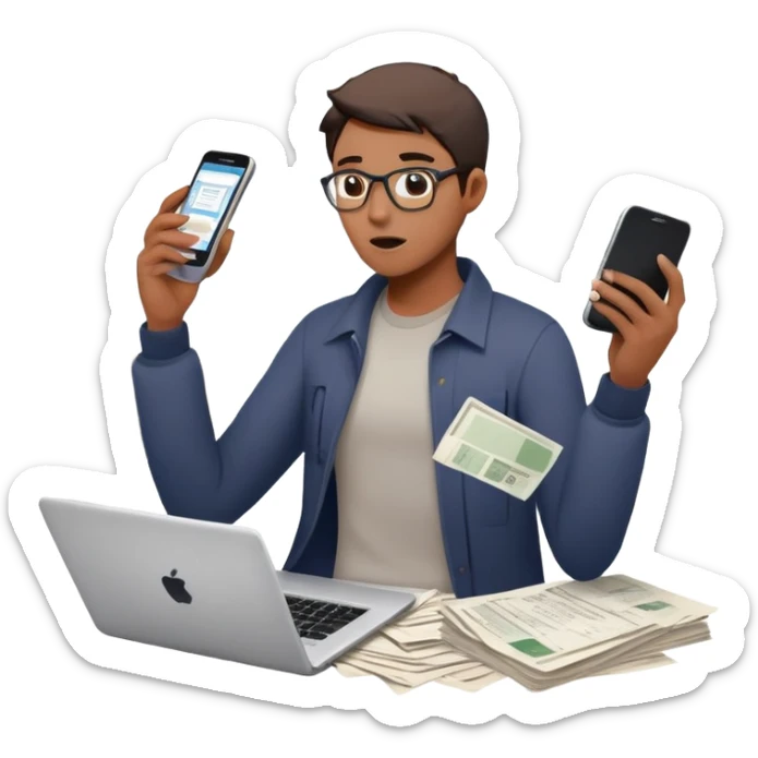 person holding a phone in one hand, laptop open in front, storm of receipts, invoices, and reminders swirling around, multitasking chaos sticker