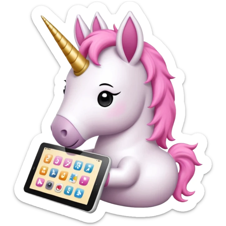 Emoji WhatsApp di un unicorno di peluche bianco con corno rosa, cuffie nere e e-reader. Stile vettoriale pulito, forme arrotondate, colori morbidi, espressione dolce, sfondo trasparente. sticker