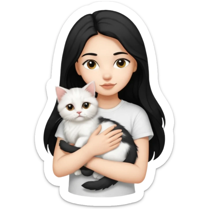 a girl with long dark black hair, in a white t-shirt, hugs a persian kitten 3 months old black and white one cat. emoji | AI Emoji Generator sticker