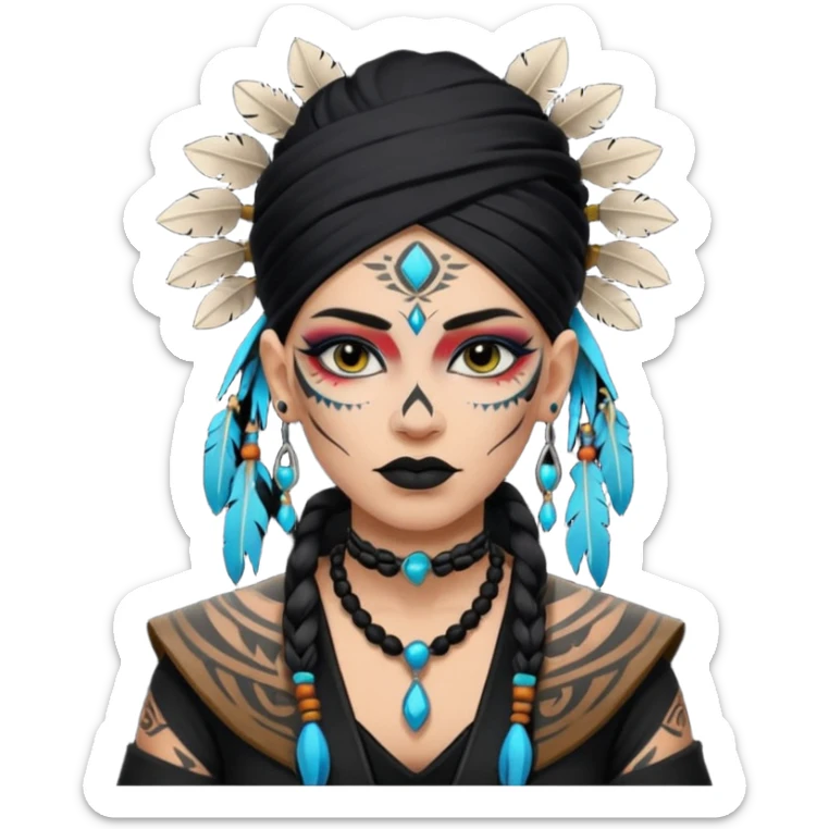 white shaman woman black clothes black accesories face tattoos sticker