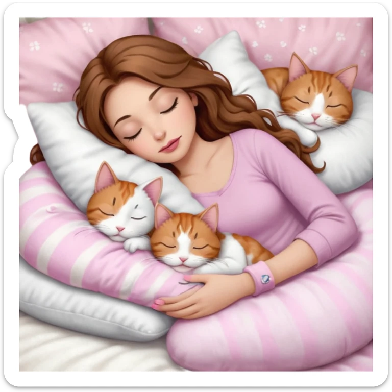 girl with long wavy brown hair, brown eyes, long lashes makeup, sexy pink lips, light to medium complexion,  sleeping on a cozy pillow, with 6 cats: 1 brown and white tabby cat, 1 ginger and white, 2 grey and white, 1 grey with white mittens and small white patch on chest and 1 calico, sleeping sticker