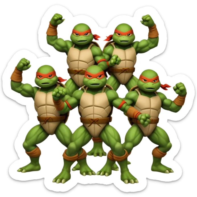 Give me a picture of 4 teenage mutant ninja turtles. Make them hold a fighting pose. sticker