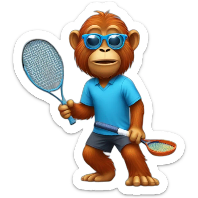 Orang utan playing tennis in blue shirt with glasses sticker