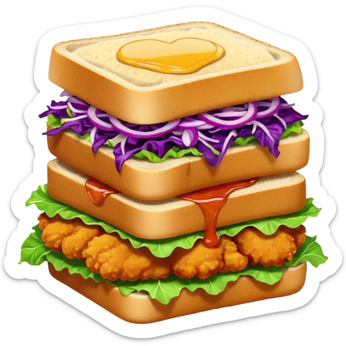 Burning hot, spicy,  stacked chicken sandwich — two thick golden toast slices, a crispy breaded chicken fillet, green lettuce, and purple cabbage slaw, with glossy dark sauce dripping down the sides. sticker