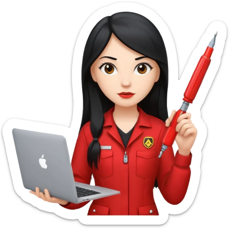 Gere um emoj estilo IOS de uma garota branca, de longos cabelos pretos vestida com um uniforme vermelho de mecanica,ela segura em uma das maos uma chave de fenda e na outra um mackbook sticker