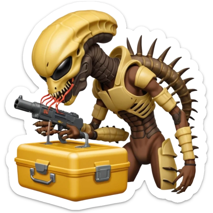 The Predator, as in the 1987 movie, with full armor, laser gun and mask eating an Alien facehugger from a lunchbox, the setting should be dark and sci-fi. sticker