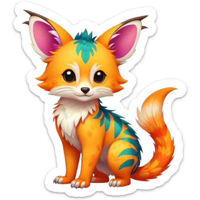 Feral Rare Fantasy vibrant colorful tropical cute, kawaii, cool, ed Vernid-Trico-species by LiLaiRa, random markings, tufted tail, tufted ears, full body, cheek markings sticker
