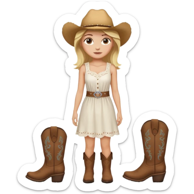 Please give me the woman standing emoji with a peach skin tone, medium length blonde hair, and dark brown eyes. Please make her wear a white sundress and brown cowgirl boots sticker