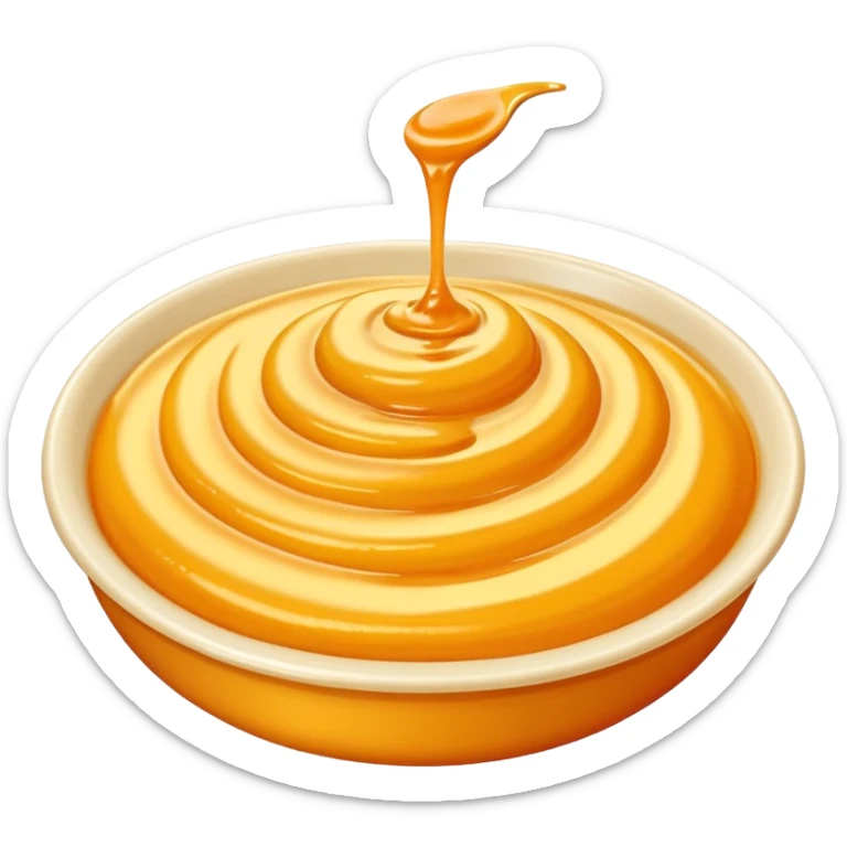 small swirl or dollop of rich yellow-orange sauce with creamy velvety texture, warm golden tones, glossy surface with subtle ridges and soft peaks, suggesting depth and spice, soft lighting, subtle shadows, emoji scale sticker