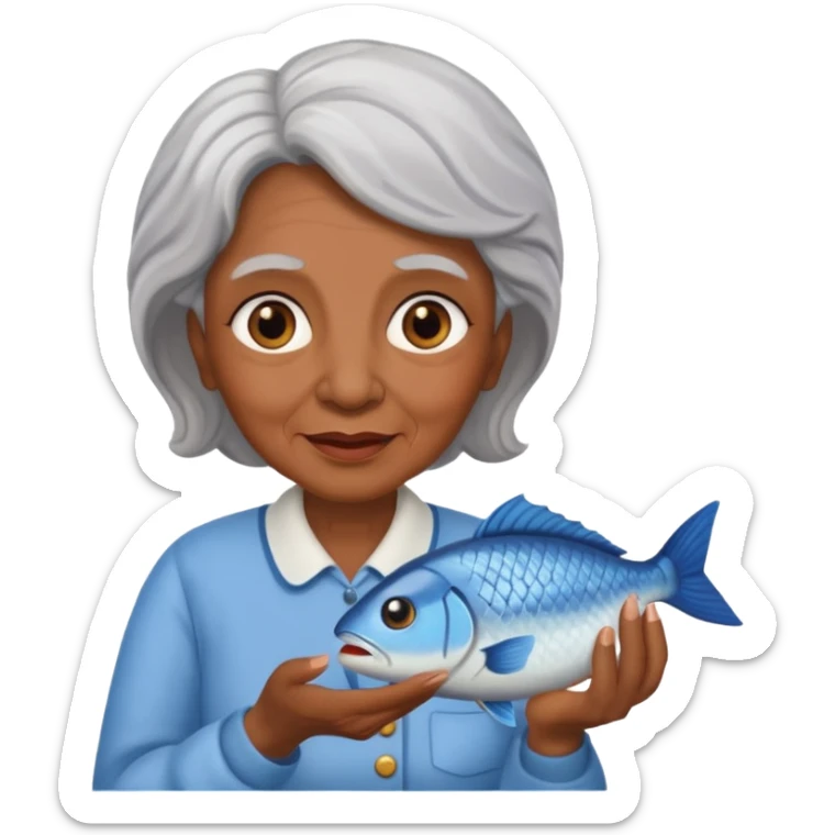 Elderly woman with brown skin and a fish in her hand sticker