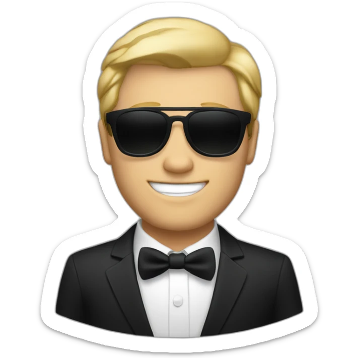 white guy in black suit with blonde hair and blac non-shinethrough sunglasses sticker
