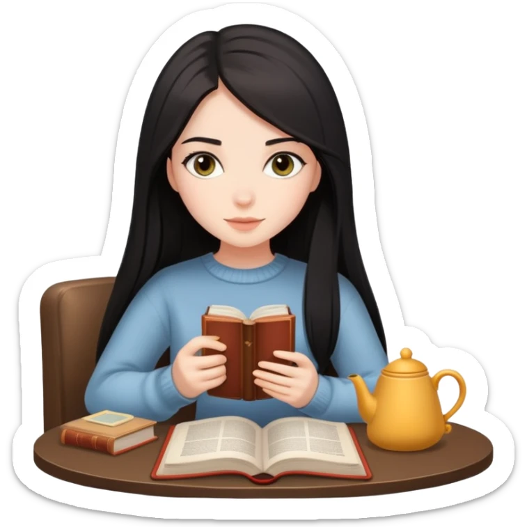 Brunette girl, black straight hair, grey eyes, cozy with tea and book sticker
