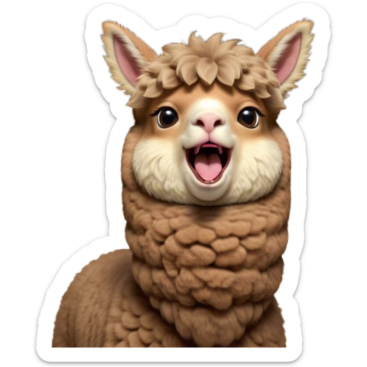 Cinematic Cute Yawning Brown Alpaca Portrait Emoji, Head tilted slightly with a dramatic, wide-open yawn, showcasing a soft, plush brown fleece with gently drooping ears, round warm eyes barely open in drowsy contentment, Simplified yet irresistibly adorable features, highly detailed, glowing with a soft, cozy glow, high shine, relaxed yet expressive, stylized with a touch of whimsy, bright and endearing, soft glowing outline, capturing the essence of a sleepy yet affectionate alpaca, so drowsy it feels like it could stretch out of the screen and curl up for a nap! sticker