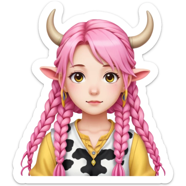 En anime-jente med rosa lange fletter, ku-horn og ku-ører med gul crop-blouse sticker