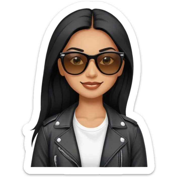 beautiful fit woman, with long straight black hair, with make up, black eye liner, smile mooth close, mexican, brown skin, wearing white tee, wearing leather black jacket, solar black wayfarer rayban sticker