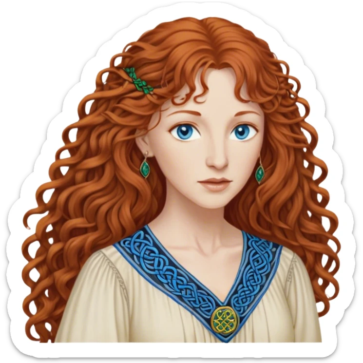 a detailed portrait of loreena mckennitt, focusing on her upper half. she has long, curly auburn hair, fair skin, and piercing blue eyes. wearing a flowing blouse with Celtic-inspired embroidery, highlights her serene and contemplative expression sticker
