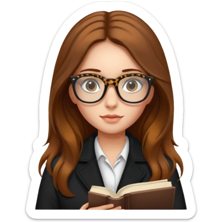 A girl with long brown hair and The leopards reading glasses and black jacket  sticker