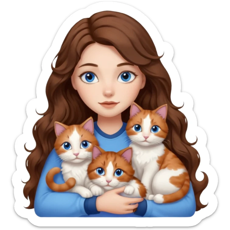 girl with long wavy brown hair, blue eyes, long lashes makeup, cuddling with 6 cats sticker