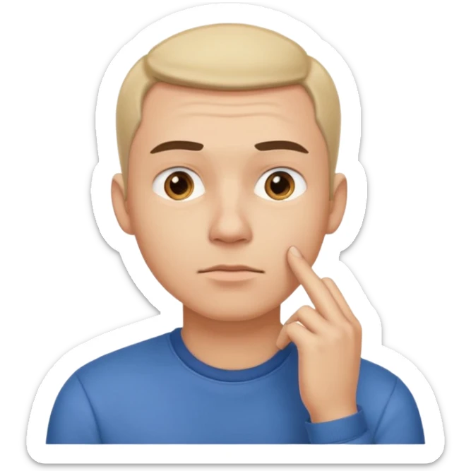 A clean-shaven man in casual clothing thinking critically, touching his chin with one hand, eyebrows slightly furrowed, focused and analytical expression. Neutral background, soft lighting, realistic emoji style. sticker