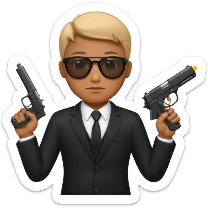 Apple emoji style, black-suited special agent wearing sunglasses, holding a gun sticker