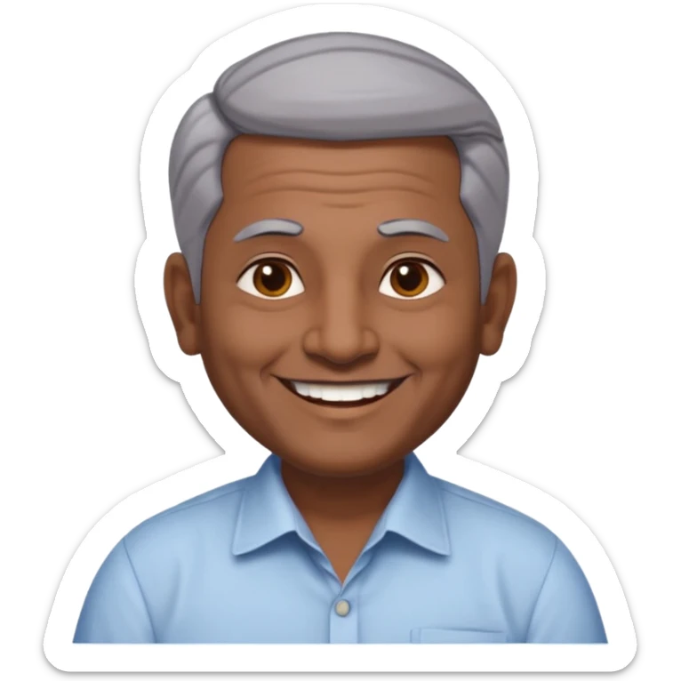 50 yr old indian man, dark skin, grey hair, big smile, white teeth, chubby, no moustache, clean shaven, young style hair, hair brushed back, 5 oclock shadow, bindy, dress shirt, forehead dot, chubby, religious sticker